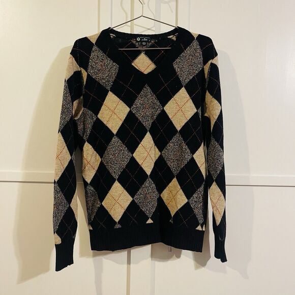 J. Crew Mens Small Lambswool Sweater Blue Brown Argyle V-Neck Pullover 2000s - Picture 1 of 7